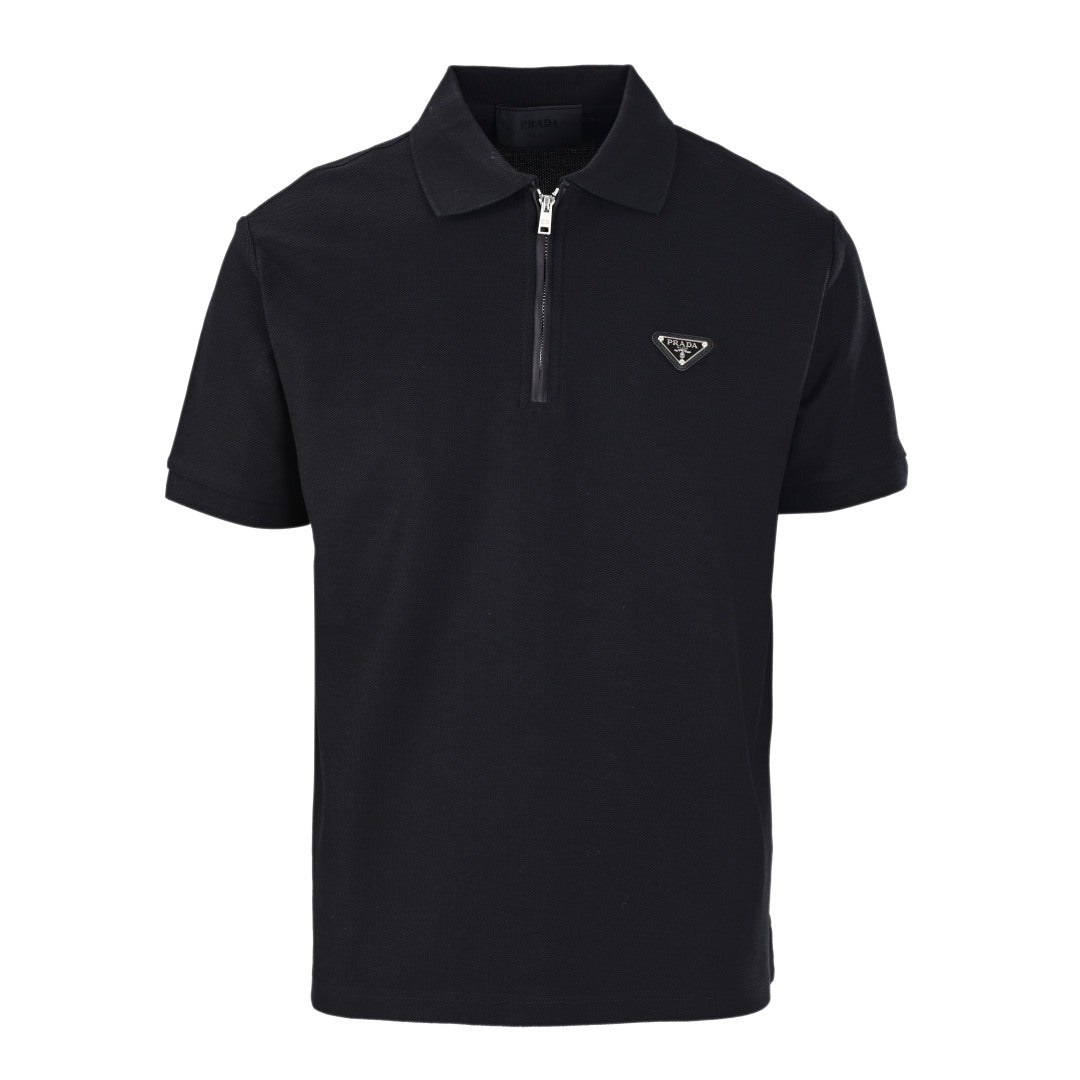 Cotton knit zip-up polo shirt